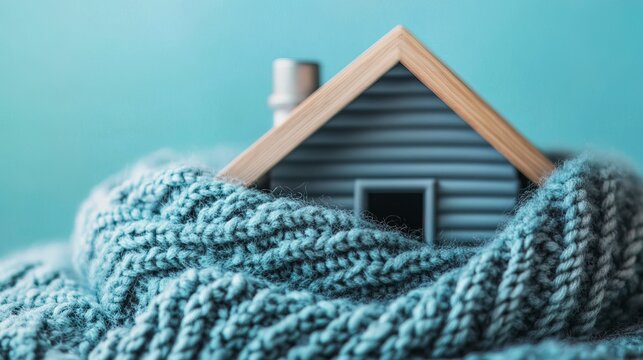 Home in a knitted scarf on a blue background, Concept of the heating system in a winterized house  