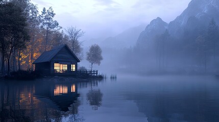 Fototapeta premium Illuminated Wooden house in the forest on a calm reflecting lake with the foggy mountains in the background at dusk 