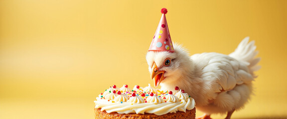 White chicken with party hat eating birthday cake