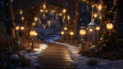 A woodland path lined with luminous lanterns, guiding the way to a hidden clearing where Christmas magic awaits.