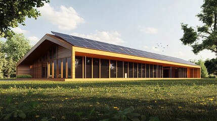 Obraz premium Modern wooden house with solar panels on the roof. 3d rendering. Eco friendly passive house with a photovoltaic system on the roof.