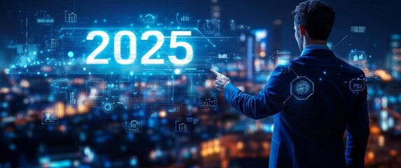 Businessman Interacting with Futuristic 2025 Digital Interface Highlighting AI and Business Growth Trends