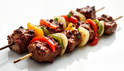 Grilled beef kebabs with colorful vegetables on skewers