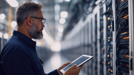 Fiber Optic Monitoring Technician Evaluating Data in High-Tech Data Center.