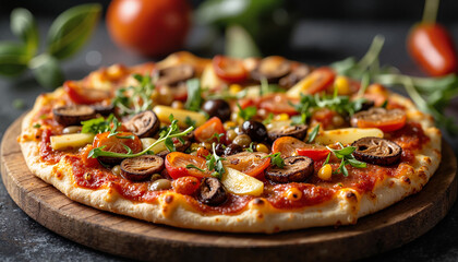 Vegetarian pizza with colorful toppings on wooden board