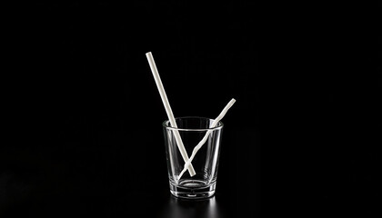 Empty glass with white straws on black background