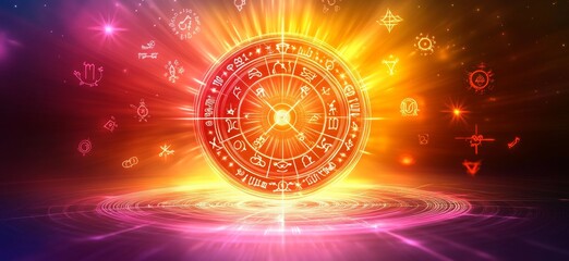 Astrological Zodiac Wheel with Celestial Background and Cosmic Symbols