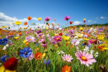 Vibrant Wildflower Meadow Under Clear Blue Sky Generative AI Nature Landscape