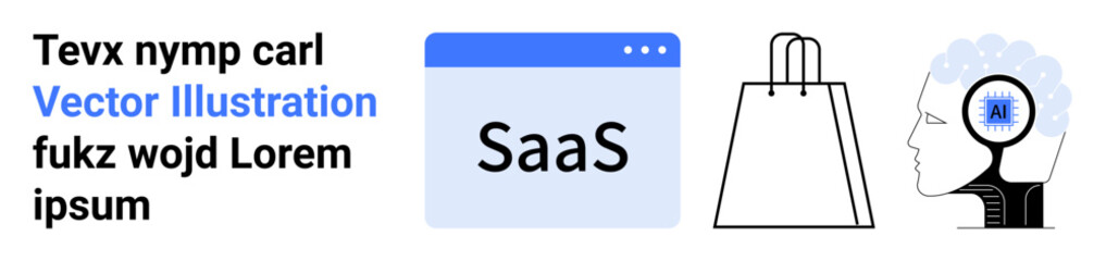 SaaS browser window, shopping bag icon, human head with AI brain, and placeholder text. Ideal for tech solutions, online business, artificial intelligence, e-commerce, web applications innovative