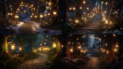 A woodland path lined with luminous lanterns, guiding the way to a hidden clearing where Christmas magic awaits.
