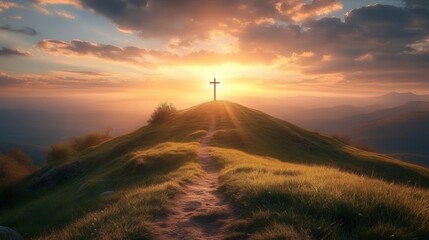 Sunlit Mountain Landscape with Cross Overlooking Green Hills and Clouds at Golden Sunset