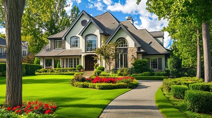 A beautiful home in the city of Dallas, Texas, with lush green grass and large trees in the front yard. The house has three stories and is located on an upscale street with other high-end homes nearby
