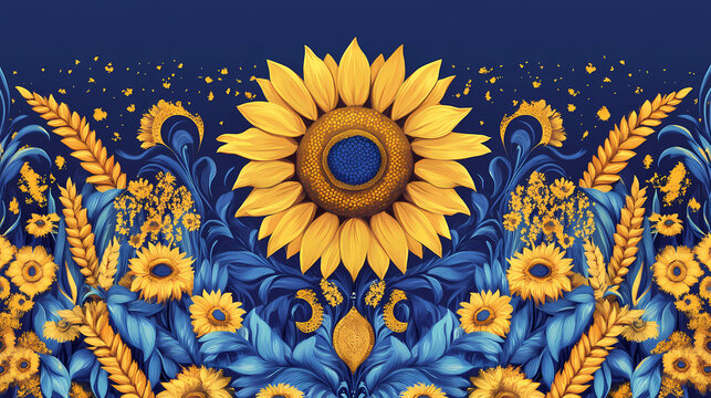Greeting card for ukraine independence day with ukrainian folk elements as sunflower, wheat, blue and yellow colors. Folk. Illustration