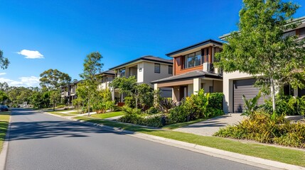 Obraz premium Suburban street lined with modern residential houses featuring manicured gardens and lush greenery under a clear blue sky. Real estate and private property 