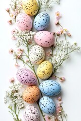 Obraz premium Pastel Easter Eggs with Baby's Breath Flowers on White Background for Spring Celebration