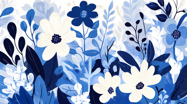 Fototapeta Illustration norwegian scandinavian folk art painting in blue and white, minimalist style with flowers. Folk. Illustration
