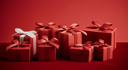Obraz premium プレゼントと赤い背景｜Red background with presents
