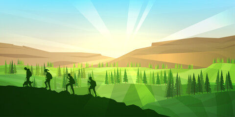 Vector illustration. Landscape scene with group of hikers. Travel concept of discovering, exploring and observing nature. Travelers climb with backpack and travel walking sticks. Hiking trip wallpaper © VVadi4ka
