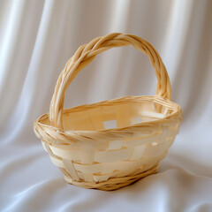 Fototapeta premium Empty Balsa Harvest Basket on White Silk Background with High-Quality Material