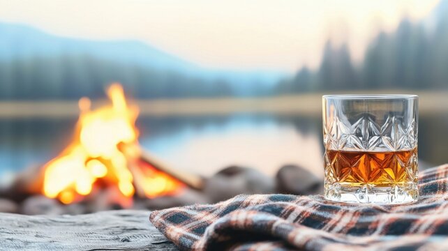 Whiskey glass by a campfire near a serene lake at sunset.