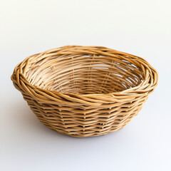 Fototapeta premium Empty Spruce Craft Basket on Pale White Background with High-Standard Material