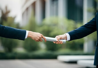 バトンパスする日本のビジネスマンの2人｜Two Japanese businessmen passing the baton