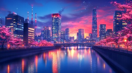 Night cityscape reflected in a canal, illuminated by city lights and cherry blossoms.