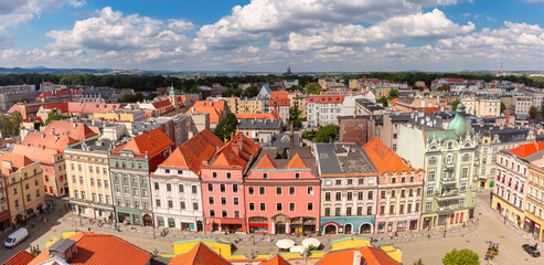 Panoramic aerial view of the old market town square in Swidnica on a sunny day, Poland © Kavalenkava