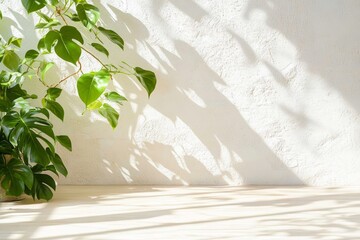 White Wall with Textured Finish and Shadows from Green Leaves
