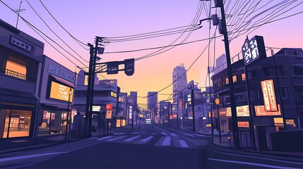 Tranquil Japanese City Street at Dusk, Illuminated Shops and Buildings
