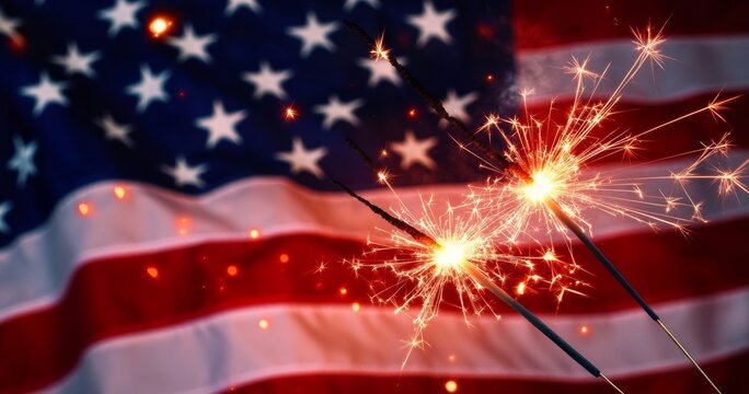 Sparklers in Front of American Flag for Independence Day Celebration Patriotic 4th of July Festivities
