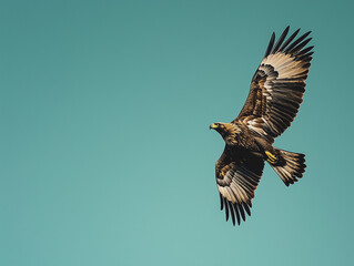 Obraz premium Majestic Golden Eagle Soaring: Photo-Realistic Plain Teal Background