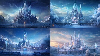 An ancient ice castle aglow with the colors of Christmas, standing as a beacon of winter enchantment in a frozen realm.