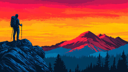 Fototapeta premium silhouette of hiker on rocky outcrop against vibrant sunset over mountains, evoking sense of adventure and exploration