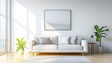 Modern Scandinavian home interior design characterized by an elegant living room featuring a comfortable sofa, mid century furniture, cozy carpet, wooden floor, white walls, and home plants.