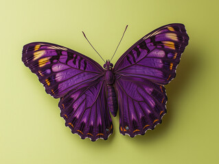 Obraz premium A Vibrant Violet Butterfly Fluttering: Photo-realistic on Plain Lime Background