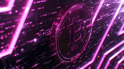 Obraz premium A bright neon pink Bitcoin symbol set against a futuristic digital backdrop, illustrating the evolving world of cryptocurrency and modern finance. AI generated.
