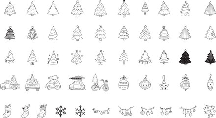 Cute Christmas Tree Set cartoon bundle outline,hand drawn, for Christmas ,kids,baby animal characters, card.vector illustration	