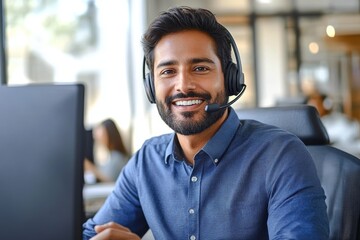 Indian call center agent in blue shirt smiling while assisting client on headset in modern office