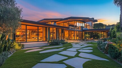 Amazing modern contemporary style architecture house at dusk 