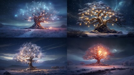 An ancient tree adorned with glowing ornaments, standing sentinel in a snowy meadow, whispering tales of Christmas past.
