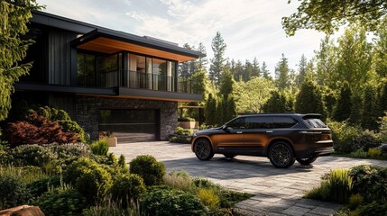 Fototapeta premium A family SUV parked in front of a modern suburban house with a landscaped garden 