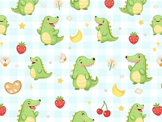 Obraz premium Cute baby Crocodile face pattern wallpaper background. Generative ai