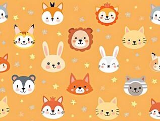 seamless pattern with funny baby animals face. Generative ai