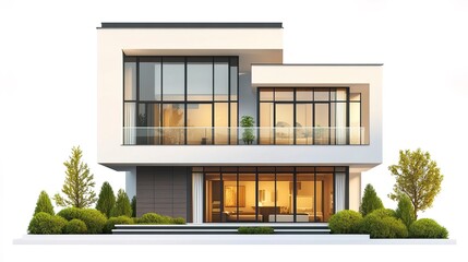 Modern two-story house with large windows and terrace, isolated on white background.  