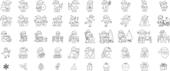 Santa Claus Christmas cartoon set Big collection of decorative for merry christmas,x mas, kids,baby characters, card,hand drawn, cartoon style.vector