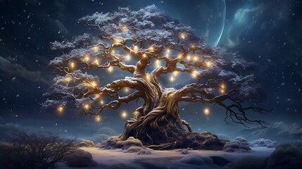 An ancient tree adorned with glowing ornaments, standing sentinel in a snowy meadow, whispering tales of Christmas past.