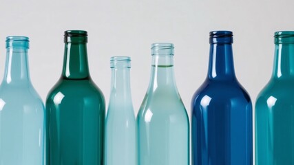 Collection of empty glass bottles in various colors and shapes.