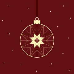 Minimalistyczny wzór bożonarodzeniowej kartki ze złotą świąteczną bombką z geometryczną dekoracją i małymi gwiazdkami w nowoczesnym i eleganckim stylu. © Monika