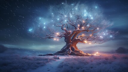 An ancient tree adorned with glowing ornaments, standing sentinel in a snowy meadow, whispering tales of Christmas past.